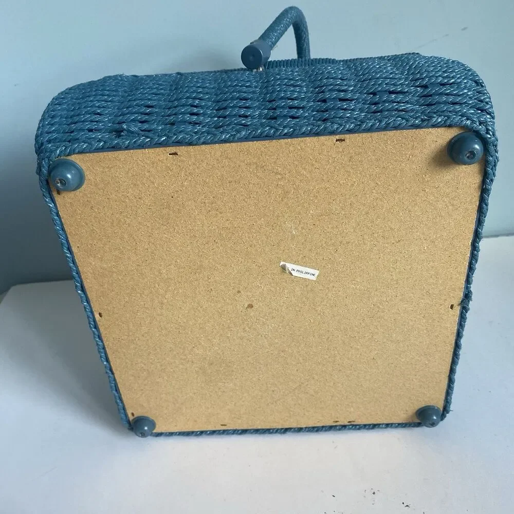 Floral Wicker Sewing Basket w Handle, Compartment Blue 10” X 10” X 7”